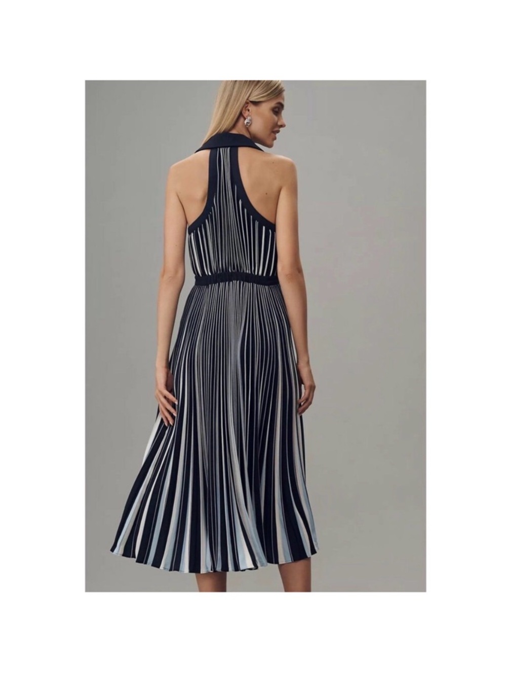 Anthropologie Navy and White Striped Halter Pleated Midi Dress